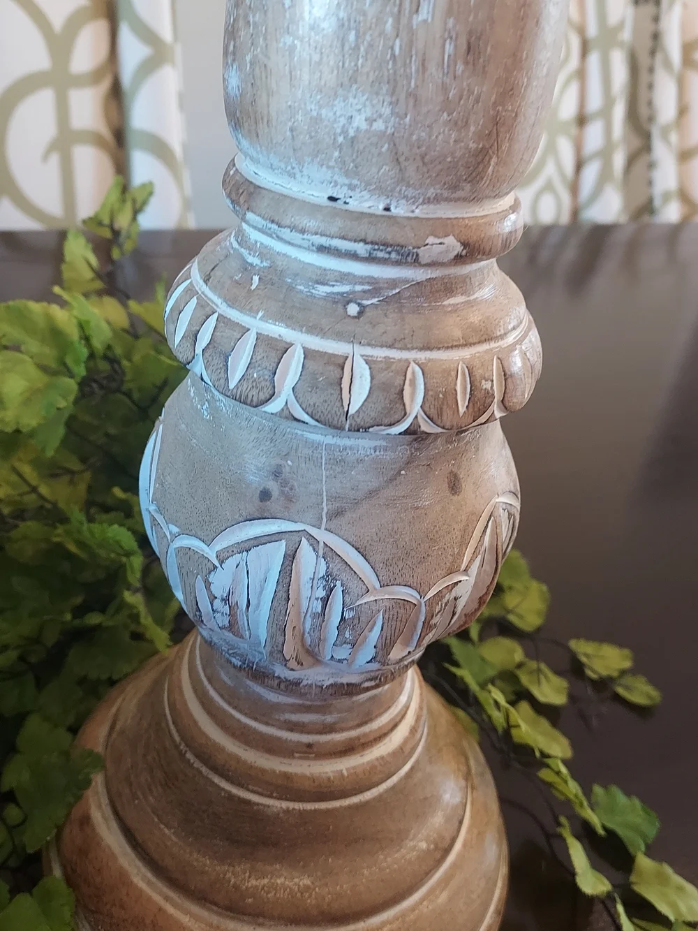 Pier 1 Whitewashed Mango Wood Candlestick: Hand Carved. 21.5